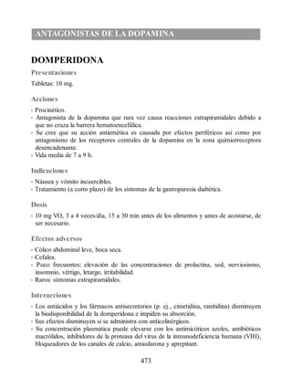 ANTAGONISTAS DE LA DOPAMINA
DOMPERIDONA
Presentaciones
Tabletas: 10 mg.
Acciones
• Procinético.
• Antagonista de la dopamina que rara vez causa reacciones extrapiramidales debido a
que no cruza la barrera hematoencefálica.
• Se cree que su acción antiemética es causada por efectos periféricos así como por
antagonismo de los receptores centrales de la dopamina en la zona quimiorreceptora
desencadenante.
• Vida media de 7 a 9 h.
Indicaciones
• Náusea y vómito incoercibles.
• Tratamiento (a corto plazo) de los síntomas de la gastroparesia diabética.
Dosis
• 10 mg VO, 3 a 4 veces/día, 15 a 30 min antes de los alimentos y antes de acostarse, de
ser necesario.
Efectos adversos
• Cólico abdominal leve, boca seca.
• Cefalea.
• Poco frecuentes: elevación de las concentraciones de prolactina, sed, nerviosismo,
insomnio, vértigo, letargo, irritabilidad.
• Raros: síntomas extrapiramidales.
Interacciones
• Los antiácidos y los fármacos antisecretorios (p. ej., cimetidina, ranitidina) disminuyen
la biodisponibilidad de la domperidona e impiden su absorción.
• Sus efectos disminuyen si se administra con anticolinérgicos.
• Su concentración plasmática puede elevarse con los antimicóticos azoles, antibióticos
macrólidos, inhibidores de la proteasa del virus de la inmunodeficiencia humana (VIH),
bloqueadores de los canales de calcio, amiodarona y aprepitant.
473
ERRNVPHGLFRVRUJ
 
