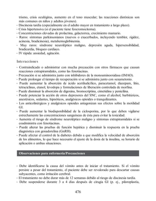 trismo, crisis oculógiras, aumento en el tono muscular; las reacciones distónicas son
más comunes en niños y adultos jóvenes).
• Discinesia tardía (especialmente en el adulto mayor en tratamiento a largo plazo).
• Crisis hipertensiva (si el paciente tiene feocromocitoma).
• Concentraciones elevadas de prolactina, galactorrea, crecimiento mamario.
• Raros: síntomas parkinsonianos (nuevos o exacerbados, incluyendo temblor, rigidez,
acinesia, bradicinesia), metahemoglobinemia.
• Muy raros: síndrome neuroléptico maligno, depresión aguda, hipersensibilidad,
bradicardia, bloqueo cardiaco.
• IV rápida: ansiedad, agitación.
Interacciones
• Contraindicado o administrar con mucha precaución con otros fármacos que causan
reacciones extrapiramidales, como las fenotiacinas.
• Precaución si se administra junto con inhibidores de la monoaminooxidasa (IMAO).
• Puede prolongar el tiempo de recuperación si se administra junto con suxametonio.
• Puede aumentar la absorción de ácido acetilsalicílico, paracetamol, diazepam, litio,
tetraciclinas, etanol, levodopa y formulaciones de liberación controlada de morfina.
• Puede disminuir la absorción de digoxina, bromocriptina, cimetidina y penicilina.
• Puede potenciar la acción de otros depresores del SNC, como el alcohol, barbitúricos,
anestésicos, sedantes, hipnóticos, analgésicos opioides o tranquilizantes.
• Los anticolinérgicos y analgésicos opioides antagonizan sus efectos sobre la motilidad
GI.
• Puede aumentar la biodisponibilidad de la ciclosporina, por lo que deben vigilarse
estrechamente las concentraciones sanguíneas de ésta para evitar la toxicidad.
• Aumenta el riesgo de síndrome neuroléptico maligno y síntomas extrapiramidales si se
coadministra con fenotiacinas.
• Puede alterar las pruebas de función hepática y disminuir la respuesta en la prueba
diagnóstica con gonadorelina (GnRH).
• Puede afectar el control de la diabetes debido a que modifica la velocidad de absorción
de los alimentos, lo que hace necesario el ajuste de la dosis de la insulina, su horario de
aplicación o ambas situaciones.
Observaciones para enfermería/Precauciones
• Debe identificarse la causa del vómito antes de iniciar el tratamiento. Si el vómito
persiste a pesar del tratamiento, el paciente debe ser revalorado para descartar causas
subyacentes, como irritación cerebral.
• El tratamiento no debe durar más de 12 semanas debido al riesgo de discinesia tardía.
• Debe suspenderse durante 3 a 4 días después de cirugía GI (p. ej., piloroplastía,
476
ERRNVPHGLFRVRUJ
 