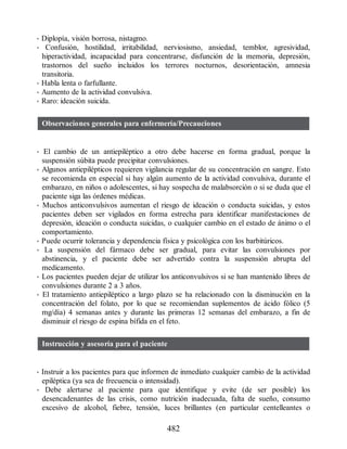 • Diplopía, visión borrosa, nistagmo.
• Confusión, hostilidad, irritabilidad, nerviosismo, ansiedad, temblor, agresividad,
hiperactividad, incapacidad para concentrarse, disfunción de la memoria, depresión,
trastornos del sueño incluidos los terrores nocturnos, desorientación, amnesia
transitoria.
• Habla lenta o farfullante.
• Aumento de la actividad convulsiva.
• Raro: ideación suicida.
Observaciones generales para enfermería/Precauciones
• El cambio de un antiepiléptico a otro debe hacerse en forma gradual, porque la
suspensión súbita puede precipitar convulsiones.
• Algunos antiepilépticos requieren vigilancia regular de su concentración en sangre. Esto
se recomienda en especial si hay algún aumento de la actividad convulsiva, durante el
embarazo, en niños o adolescentes, si hay sospecha de malabsorción o si se duda que el
paciente siga las órdenes médicas.
• Muchos anticonvulsivos aumentan el riesgo de ideación o conducta suicidas, y estos
pacientes deben ser vigilados en forma estrecha para identificar manifestaciones de
depresión, ideación o conducta suicidas, o cualquier cambio en el estado de ánimo o el
comportamiento.
• Puede ocurrir tolerancia y dependencia física y psicológica con los barbitúricos.
• La suspensión del fármaco debe ser gradual, para evitar las convulsiones por
abstinencia, y el paciente debe ser advertido contra la suspensión abrupta del
medicamento.
• Los pacientes pueden dejar de utilizar los anticonvulsivos si se han mantenido libres de
convulsiones durante 2 a 3 años.
• El tratamiento antiepiléptico a largo plazo se ha relacionado con la disminución en la
concentración del folato, por lo que se recomiendan suplementos de ácido fólico (5
mg/día) 4 semanas antes y durante las primeras 12 semanas del embarazo, a fin de
disminuir el riesgo de espina bífida en el feto.
Instrucción y asesoría para el paciente
• Instruir a los pacientes para que informen de inmediato cualquier cambio de la actividad
epiléptica (ya sea de frecuencia o intensidad).
• Debe alertarse al paciente para que identifique y evite (de ser posible) los
desencadenantes de las crisis, como nutrición inadecuada, falta de sueño, consumo
excesivo de alcohol, fiebre, tensión, luces brillantes (en particular centelleantes o
482
ERRNVPHGLFRVRUJ
 