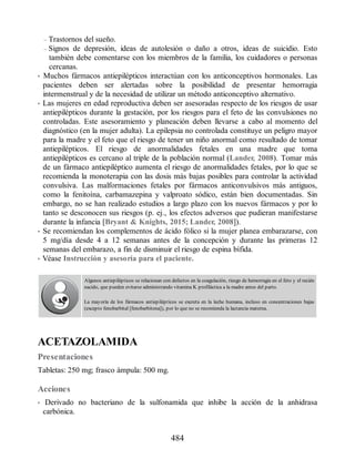 – Trastornos del sueño.
– Signos de depresión, ideas de autolesión o daño a otros, ideas de suicidio. Esto
también debe comentarse con los miembros de la familia, los cuidadores o personas
cercanas.
• Muchos fármacos antiepilépticos interactúan con los anticonceptivos hormonales. Las
pacientes deben ser alertadas sobre la posibilidad de presentar hemorragia
intermenstrual y de la necesidad de utilizar un método anticonceptivo alternativo.
• Las mujeres en edad reproductiva deben ser asesoradas respecto de los riesgos de usar
antiepilépticos durante la gestación, por los riesgos para el feto de las convulsiones no
controladas. Este asesoramiento y planeación deben llevarse a cabo al momento del
diagnóstico (en la mujer adulta). La epilepsia no controlada constituye un peligro mayor
para la madre y el feto que el riesgo de tener un niño anormal como resultado de tomar
antiepilépticos. El riesgo de anormalidades fetales en una madre que toma
antiepilépticos es cercano al triple de la población normal (Lander, 2008). Tomar más
de un fármaco antiepiléptico aumenta el riesgo de anormalidades fetales, por lo que se
recomienda la monoterapia con las dosis más bajas posibles para controlar la actividad
convulsiva. Las malformaciones fetales por fármacos anticonvulsivos más antiguos,
como la fenitoína, carbamazepina y valproato sódico, están bien documentadas. Sin
embargo, no se han realizado estudios a largo plazo con los nuevos fármacos y por lo
tanto se desconocen sus riesgos (p. ej., los efectos adversos que pudieran manifestarse
durante la infancia [Bryant  Knights, 2015; Lander, 2008]).
• Se recomiendan los complementos de ácido fólico si la mujer planea embarazarse, con
5 mg/día desde 4 a 12 semanas antes de la concepción y durante las primeras 12
semanas del embarazo, a fin de disminuir el riesgo de espina bífida.
• Véase Instrucción y asesoría para el paciente.
Algunos antiepilépticos se relacionan con defectos en la coagulación, riesgo de hemorragia en el feto y el recién
nacido, que pueden evitarse administrando vitamina K profiláctica a la madre antes del parto.
La mayoría de los fármacos antiepilépticos se excreta en la leche humana, incluso en concentraciones bajas
(excepto fenobarbital [fenobarbitona]), por lo que no se recomienda la lactancia materna.
ACETAZOLAMIDA
Presentaciones
Tabletas: 250 mg; frasco ámpula: 500 mg.
Acciones
• Derivado no bacteriano de la sulfonamida que inhibe la acción de la anhidrasa
carbónica.
484
ERRNVPHGLFRVRUJ
 