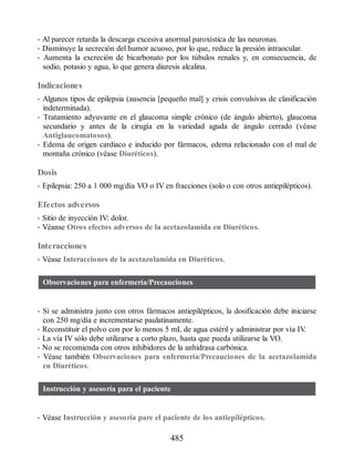 • Al parecer retarda la descarga excesiva anormal paroxística de las neuronas.
• Disminuye la secreción del humor acuoso, por lo que, reduce la presión intraocular.
• Aumenta la excreción de bicarbonato por los túbulos renales y, en consecuencia, de
sodio, potasio y agua, lo que genera diuresis alcalina.
Indicaciones
• Algunos tipos de epilepsia (ausencia [pequeño mal] y crisis convulsivas de clasificación
indeterminada).
• Tratamiento adyuvante en el glaucoma simple crónico (de ángulo abierto), glaucoma
secundario y antes de la cirugía en la variedad aguda de ángulo cerrado (véase
Antiglaucomatosos).
• Edema de origen cardiaco e inducido por fármacos, edema relacionado con el mal de
montaña crónico (véase Diuréticos).
Dosis
• Epilepsia: 250 a 1 000 mg/día VO o IV en fracciones (solo o con otros antiepilépticos).
Efectos adversos
• Sitio de inyección IV: dolor.
• Véanse Otros efectos adversos de la acetazolamida en Diuréticos.
Interacciones
• Véase Interacciones de la acetazolamida en Diuréticos.
Observaciones para enfermería/Precauciones
• Si se administra junto con otros fármacos antiepilépticos, la dosificación debe iniciarse
con 250 mg/día e incrementarse paulatinamente.
• Reconstituir el polvo con por lo menos 5 mL de agua estéril y administrar por vía IV
.
• La vía IV sólo debe utilizarse a corto plazo, hasta que pueda utilizarse la VO.
• No se recomienda con otros inhibidores de la anhidrasa carbónica.
• Véase también Observaciones para enfermería/Precauciones de la acetazolamida
en Diuréticos.
Instrucción y asesoría para el paciente
• Véase Instrucción y asesoría pare el paciente de los antiepilépticos.
485
ERRNVPHGLFRVRUJ
 