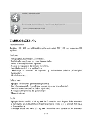 Prohibido si se practican deportes.
No se recomienda durante el embarazo, en particular durante el primer trimestre.
Cautela si se administra durante la lactancia.
CARBAMAZEPINA
Presentaciones
Tabletas: 100 y 200 mg; tabletas (liberación controlada): 200 y 400 mg; suspensión 100
mg/5 mL.
Acciones
• Antiepiléptico, neurotrópico, psicotrópico.
• Estabiliza las membranas nerviosas hiperexcitadas.
• Inhibe la descarga neuronal repetitiva.
• Reduce la propagación del impulso excitatorio.
• Actividad anticolinérgica, antidiurética.
• Disminuye el recambio de dopamina y noradrenalina (efectos psicotrópicos
[antimanía]).
• Metabolito activo.
Indicaciones
• Epilepsia tonicoclónica generalizada (gran mal).
• Convulsiones parciales (complejas o simples; con o sin generalización).
• Convulsiones mixtas (tonicoclónicas y parciales).
• Neuralgia del trigémino y del glosofaríngeo.
• Manía, trastorno.
Dosis
• Epilepsia: iniciar con 100 a 200 mg VO, 1 o 2 veces/día con o después de los alimentos,
e incrementar gradualmente hasta lograr la respuesta óptima (por lo general, 400 mg, 2
o 3 veces/día); o
• Neuralgia: iniciar con 100 a 200 mg VO 2 veces/día con o después de los alimentos,
486
ERRNVPHGLFRVRUJ
 