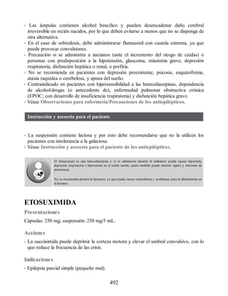 • Las ámpulas contienen alcohol bencílico y pueden desencadenar daño cerebral
irreversible en recién nacidos, por lo que deben evitarse a menos que no se disponga de
otra alternativa.
• En el caso de sobredosis, debe administrarse flumazenil con cautela extrema, ya que
puede provocar convulsiones.
• Precaución si se administra a ancianos (ante el incremento del riesgo de caídas) o
personas con predisposición a la hipotensión, glaucoma, miastenia grave, depresión
respiratoria, disfunción hepática o renal, o porfiria.
• No se recomienda en pacientes con depresión preexistente, psicosis, esquizofrenia,
ataxia raquídea o cerebelosa, y apnea del sueño.
• Contraindicado en pacientes con hipersensibilidad a las benzodiazepinas, dependencia
de alcohol/drogas (o antecedente de), enfermedad pulmonar obstructiva crónica
(EPOC; con desarrollo de insuficiencia respiratoria) y disfunción hepática grave.
• Véase Observaciones para enfermería/Precauciones de los antiepilépticos.
Instrucción y asesoría para el paciente
• La suspensión contiene lactosa y por esto debe recomendarse que no la utilicen los
pacientes con intolerancia a la galactosa.
• Véase Instrucción y asesoría para el paciente de los antiepilépticos.
El clonazepam es una benzodiazepina y si se administra durante el embarazo puede causar hipotonía,
depresión respiratoria e hipotermia en el recién nacido, quien también puede mostrar signos y síntomas de
abstinencia.
No se recomienda durante la lactancia, ya que puede causar somnolencia y problemas para la alimentación en
el lactante.
ETOSUXIMIDA
Presentaciones
Cápsulas: 250 mg; suspensión: 250 mg/5 mL.
Acciones
• La succinimida puede deprimir la corteza motora y elevar el umbral convulsivo, con lo
que reduce la frecuencia de las crisis.
Indicaciones
• Epilepsia parcial simple (pequeño mal).
492
ERRNVPHGLFRVRUJ
 