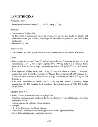 LAMOTRIGINA
Presentaciones
Tabletas (solubles/masticables): 2, 5, 25, 50, 100 y 200 mg.
Acciones
• Compuesto de feniltriazina.
• Se desconoce su mecanismo exacto de acción, pero se cree que inhibe los canales del
sodio controlados por voltaje y disminuye la liberación de glutamato (un aminoácido
excitatorio).
• Vida media de 29 h.
Indicaciones
• Convulsiones parciales y generalizadas, como monoterapia y tratamiento adyuvante.
Dosis
• Monoterapia: iniciar con 25 mg VO todos los días durante 2 semanas, incrementar a 50
mg (semanas 3 y 4), para después agregar 50 a 100 mg cada 1 o 2 semanas hasta
alcanzar la dosis óptima, y luego mantenerse en 100 a 200 mg/día VO en 1 o 2 tomas;
o
• Con valproato sódico: iniciar con 25 mg VO en días alternos durante 2 semanas,
incrementar hasta 25 mg/día (semanas 3 y 4) para después agregar 25 a 50 mg cada 1 o
2 semanas hasta alcanzar la dosis óptima, y luego mantenerse en 100 a 200 mg en 1 o
2 tomas; o
• Con otros antiepilépticos: iniciar con 25 a 50 mg VO durante 2 semanas, luego
incrementar 50 a 100 mg cada 1 o 2 semanas, y luego mantenerse en 100 a 400 mg/día
en fracciones.
Efectos adversos
• Véase Efectos adversos de los antiepilépticos.
• Exantema maculopapular, síndrome de Stevens-Johnson (véase el Glosario), necrólisis
epidérmica tóxica.
• Empeoramiento de síntomas parkinsonianos.
• Faringitis.
• Elevación de enzimas hepáticas, diarrea.
• Infrecuentes: anormalidades hematológicas transitorias, hipersensibilidad.
• Raros: disfunción hepática, meningitis aséptica.
496
ERRNVPHGLFRVRUJ
 