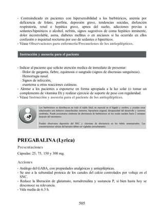 • Contraindicado en pacientes con hipersensibilidad a los barbitúricos, anemia por
deficiencia de folato, porfiria, depresión grave, tendencias suicidas, disfunción
respiratoria, renal o hepática grave, apnea del sueño, adicciones previas a
sedantes/hipnóticos o alcohol, nefritis, signos sugestivos de coma hepático inminente,
dolor incontrolable, asma, diabetes mellitus o en ancianos si ha ocurrido en ellos
confusión o inquietud nocturna por uso de sedantes o hipnóticos.
• Véase Observaciones para enfermería/Precauciones de los antiepilépticos.
Instrucción y asesoría para el paciente
• Indicar al paciente que solicite atención medica de inmediato de presentar:
– Dolor de garganta, fiebre, equimosis o sangrado (signos de discrasias sanguíneas).
– Hemorragia nasal.
– Signos de infección,
– exantema u otras reacciones cutáneas.
• Alentar a los pacientes a exponerse en forma apropiada a la luz solar (o tomar un
complemento de vitamina D) y realizar ejercicio de soporte de peso con regularidad.
• Véase Instrucción y asesoría para el paciente de los antiepilépticos.
Los barbitúricos se distribuyen en todo el tejido fetal, en especial en el hígado y cerebro, y pueden estar
relacionados con defectos craneofaciales menores, hipoplasia ungueal, discapacidad del desarrollo y tumores
cerebrales. Puede presentarse síndrome de abstinencia de barbitúricos en los recién nacidos hasta 2 semanas
después del nacimiento.
Pueden observarse depresión del SNC y síntomas de abstinencia en los bebés amamantados. Las
concentraciones séricas del lactante deben ser vigiladas estrechamente.
PREGABALINA (Lyrica)
Presentaciones
Cápsulas: 25, 75, 150 y 300 mg.
Acciones
• Análogo del GABA, con propiedades analgésicas y antiepilépticas.
• Se une a la subunidad proteica de los canales del calcio controlados por voltaje en el
SNC.
• Reduce la liberación de glutamato, noradrenalina y sustancia P, si bien hasta hoy se
desconoce su relevancia.
• Vida media de 6.3 h.
505
ERRNVPHGLFRVRUJ
 