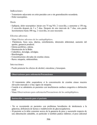 Indicaciones
• Tratamiento adyuvante en crisis parciales con o sin generalización secundaria.
• Dolor neuropático.
Dosis
• Epilepsia, dolor neuropático: iniciar con 75 mg VO, 2 veces/día, y aumentar a 150 mg,
2 veces/día después de 3 a 7 días. Después de otro intervalo de 7 días, esto puede
incrementarse hasta 300 mg, 2 veces/día, en caso necesario.
Efectos adversos
• Véase Efectos adversos de los antiepilépticos.
• Flatulencia, boca seca, diarrea, estreñimiento, distensión abdominal, aumento del
apetito, ganancia ponderal.
• Edema periférico, edema.
• Disminución de la libido.
• Calambres, dorsalgia, artralgias.
• Rinofaringitis.
• Concentraciones elevadas de creatina cinasa.
• Raros: miopatía, rabdomiólisis.
Interacciones
• Puede potenciar los efectos de alcohol, oxicodona y lorazepam.
Observaciones para enfermería/Precauciones
• El tratamiento debe suspenderse si la concentración de creatina cinasa muestra
elevación marcada o si hay signos de miopatía.
• Cautela si se administra en pacientes con insuficiencia cardiaca congestiva o disfunción
renal.
• Véase Observaciones para enfermería/Precauciones de los antiepilépticos.
Instrucción y asesoría para el paciente
• No se recomienda en pacientes con problemas hereditarios de intolerancia a la
galactosa, deficiencia de lactasa o malabsorción de glucosa/galactosa.
• Al paciente se le debe comentar acerca de la ganancia de peso y asesorarlo respecto de
una alimentación saludable, en particular si también padece diabetes; el peso adicional
506
ERRNVPHGLFRVRUJ
 