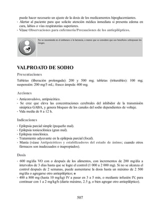 puede hacer necesario un ajuste de la dosis de los medicamentos hipoglucemiantes.
• Alertar al paciente para que solicite atención médica inmediata si presenta edema en
cara, labios o vías respiratorias superiores.
• Véase Observaciones para enfermería/Precauciones de los antiepilépticos.
No se recomienda en el embarazo o la lactancia, a menos que se considere que sus beneficios sobrepasan los
riesgos.
VALPROATO DE SODIO
Presentaciones
Tabletas (liberación prolongada): 200 y 500 mg; tabletas (triturables): 100 mg;
suspensión: 200 mg/5 mL; frasco ámpula: 400 mg.
Acciones
• Anticonvulsivo, antipsicótico.
• Se cree que eleva las concentraciones cerebrales del inhibidor de la transmisión
sináptica GABA, y genera bloqueo de los canales del sodio dependientes de voltaje.
• Vida media de 8 a 12 h.
Indicaciones
• Epilepsia parcial simple (pequeño mal).
• Epilepsia tonicoclónica (gran mal).
• Epilepsia mioclónica.
• Tratamiento adyuvante en la epilepsia parcial (focal).
• Manía (véase Antipsicóticos y estabilizadores del estado de ánimo; cuando otros
fármacos son inadecuados o inapropiados).
Dosis
• 600 mg/día VO con o después de los alimentos, con incrementos de 200 mg/día a
intervalos de 3 días hasta que se logre el control (1 000 a 2 000 mg). Si no se alcanza el
control después de 2 semanas, puede aumentarse la dosis hasta un máximo de 2 500
mg/día o agregarse otro antiepiléptico; o
• 400 a 800 mg (hasta 10 mg/kg) IV a pasar en 3 a 5 min, o mediante infusión IV
, para
continuar con 1 a 2 mg/kg/h (diario máximo, 2.5 g, o bien agregar otro antiepiléptico).
507
ERRNVPHGLFRVRUJ
 