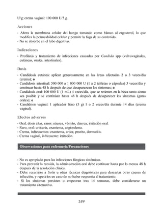 U/g; crema vaginal: 100 000 U/5 g.
Acciones
• Altera la membrana celular del hongo tomando como blanco al ergosterol, lo que
modifica la permeabilidad celular y permite la fuga de su contenido.
• No se absorbe en el tubo digestivo.
Indicaciones
• Profilaxis y tratamiento de infecciones causadas por Candida spp (vulvovaginales,
cutáneas, orales, intestinales).
Dosis
• Candidosis cutánea: aplicar generosamente en las áreas afectadas 2 o 3 veces/día
(crema); o
• Candidosis intestinal: 500 000 a 1 000 000 U (1 a 2 tabletas o cápsulas) 3 veces/día y
continuar hasta 48 h después de que desaparezcan los síntomas; o
• Candidosis oral: 100 000 U (1 mL) 4 veces/día, que se retienen en la boca tanto como
sea posible y se continúan hasta 48 h después de desaparecer los síntomas (gotas
orales); o
• Candidosis vaginal: 1 aplicador lleno (5 g) 1 o 2 veces/día durante 14 días (crema
vaginal).
Efectos adversos
• Oral, dosis altas, raros: náusea, vómito, diarrea, irritación oral.
• Raro, oral: urticaria, exantema, angioedema.
• Crema, infrecuentes: exantema, ardor, prurito, dermatitis.
• Crema vaginal, infrecuente: irritación.
Observaciones para enfermería/Precauciones
• No es apropiado para las infecciones fúngicas sistémicas.
• Para prevenir la recaída, la administración oral debe continuar hasta por lo menos 48 h
después de la resolución clínica.
• Debe recurrirse a frotis u otras técnicas diagnósticas para descartar otras causas de
infección, y repetirlos en caso de no haber respuesta al tratamiento.
• Si los síntomas persisten o empeoran tras 14 semanas, debe considerarse un
tratamiento alternativo.
539
ERRNVPHGLFRVRUJ
 
