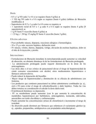 Dosis
• 0.5 a 1 g VO cada 3 a 4 h si se requiere (hasta 4 g/día); o
• 1 330 mg VO cada 6 a 8 h según se requiera (hasta 4 g/día) (tabletas de liberación
modificada); o
• Supositorios de 0.5 a 1 g cada 4 a 6 h como se requiera; o
• 1 supositorio rectal de 0.5 a 1 g cada 4 a 6 h según se requiera (hasta 4 g/día [8
supositorios]); o
• 1 g IV hasta 4 veces/día (hasta 4 g/día); o
•  33 kg y  50 kg: 15 mg/kg IV hasta 4 veces/día (hasta 3 g/día).
Efectos adversos
• Poco probable: náusea, dispepsia, reacciones alérgicas o hematológicas.
• 10 a 15 g o más: necrosis hepática, disfunción renal.
• IV: náusea, vómito, diarrea, dispepsia, vértigo, elevación de enzimas hepáticas, dolor en
el sitio de la inyección y prurito.
Interacciones
• Formulaciones de liberación inmediata: la metoclopramida puede aumentar su velocidad
de absorción, no obstante disminuye la de las formulaciones de liberación prolongada.
• La administración prolongada puede requerir disminución en la dosis de los
anticoagulantes.
• Las dosis altas o el uso crónico de paracetamol elevan el riesgo de hepatotoxicidad de
existir consumo concomitante con alcohol, otros medicamentos hepatotóxicos o
fármacos anticonvulsivos.
• Puede reducir la depuración del busulfán.
• Mayor riesgo de hepatotoxicidad y disminución de su eficacia de administrarse con
fenitoína.
• Los productos que contienen paracetamol no deben administrarse combinados (p. ej.,
oral e IV) para evitar el riesgo de sobredosificación y daño hepático. Todas las vías
deben tomarse en consideración al calcular la dosis diaria total.
• El probenecid disminuye su depuración.
• IV: su metabolismo puede aumentar (con lo que aumenta la concentración de
metabolitos hepatotóxicos) por barbitúricos, anticoagulantes, isoniacida, zidovudina,
amoxicilina con ácido clavulánico y carbamacepina.
• Puede aumentar las concentraciones séricas de cloranfenicol e incrementar el riesgo de
toxicidad.
• Su absorción puede disminuir por fármacos que enlentecen el vaciamiento gástrico (p.
ej., opioides, propantelina, antidepresivos con propiedades anticolinérgicas).
91
ERRNVPHGLFRVRUJ
 