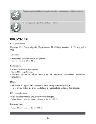 Cualquier producto combinado que contenga dextrometorfano o seudoefedrina está prohibido en el deporte.
En dosis analgésicas es seguro durante el embarazo y lactancia.
PIROXICAM
Presentaciones
Cápsulas: 10 y 20 mg, cápsulas (dispersables): 10 y 20 mg; tabletas: 10 y 20 mg; gel: 5
mg/g.
Acciones
• Analgésico, antiinflamatorio, antipirético.
• Vida media larga (36 a 45 h).
Indicaciones
• Artritis reumatoide, osteoartritis.
• Espondilitis anquilosante.
• Lesiones agudas de tejidos blandos (p. ej., esguinces, distensiones musculares,
tendonitis).
Dosis
• Iniciar con 10 mg/día VO y aumentar hasta 20 mg de ser necesario; o
• 1 g (3 cm de gel) en las áreas afectadas 3 a 4 veces al día hasta por dos semanas.
Efectos adversos
• Gel: irritación dérmica leve, decoloración de la piel.
• Véase Observaciones para enfermería de los AINE.
Interacciones
• Véase Observaciones de los AINE.
94
ERRNVPHGLFRVRUJ
 