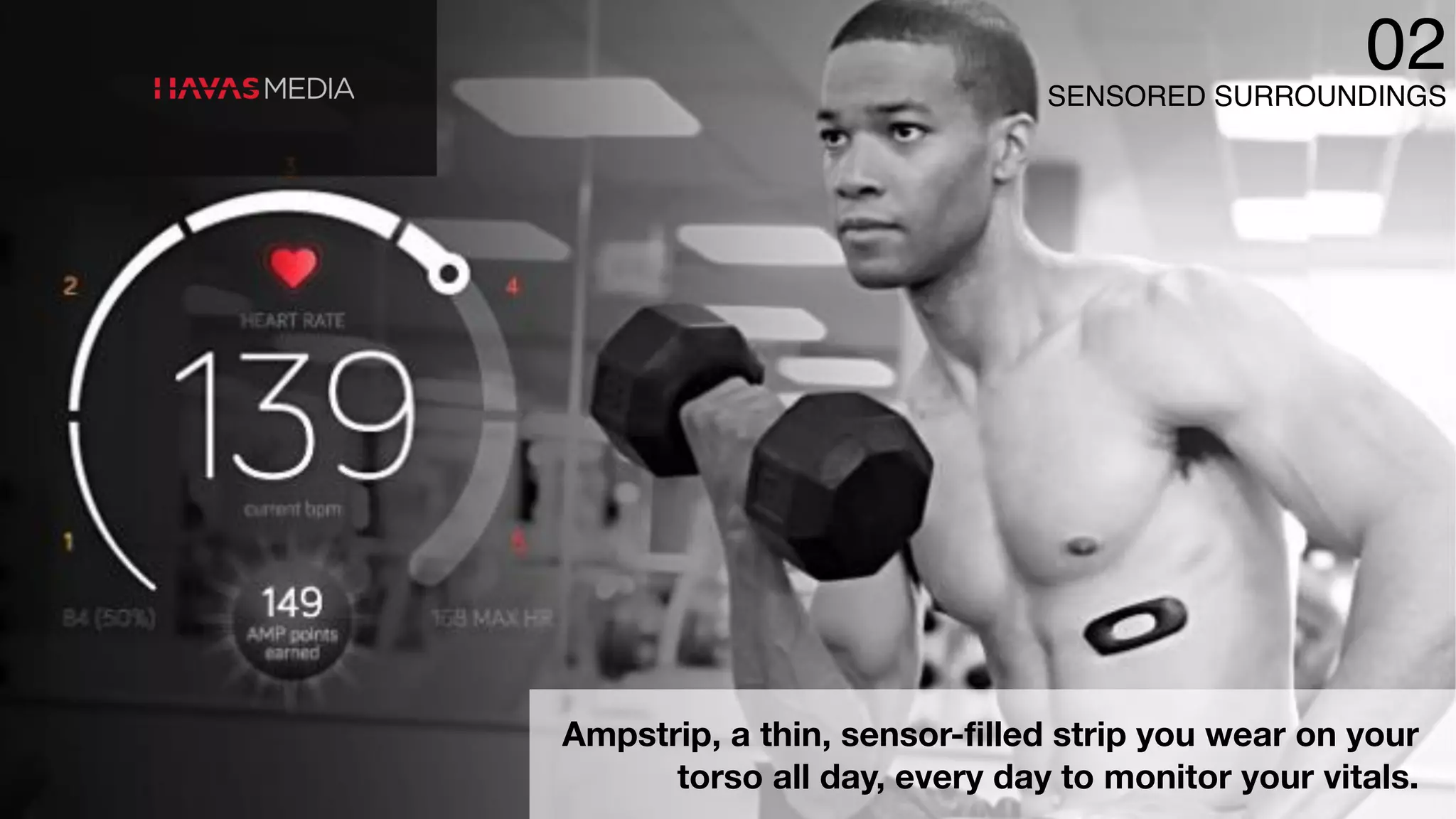 SENSORED SURROUNDINGS
02
Ampstrip, a thin, sensor-filled strip you wear on your
torso all day, every day to monitor your vitals.
 