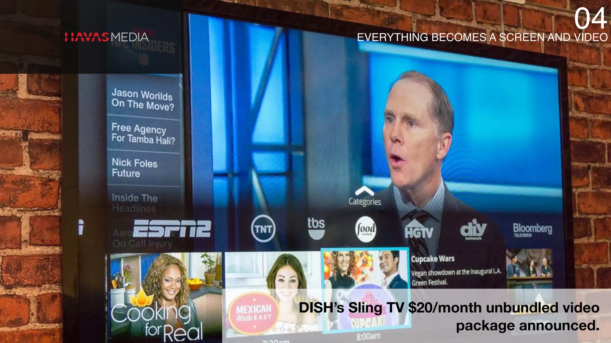 DISH’s Sling TV $20/month unbundled video
package announced.
EVERYTHING BECOMES A SCREEN AND VIDEO
04
 