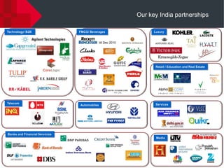 Our key India partnerships

Technology/ B2B                 FMCG/ Beverages                     Luxury


                                              till Dec 2010




                                                                     Retail / Education and Real Estate




Telecom                                                              Services
                                Automobiles




Banks and Financial Servicies
                                                                     Media
 