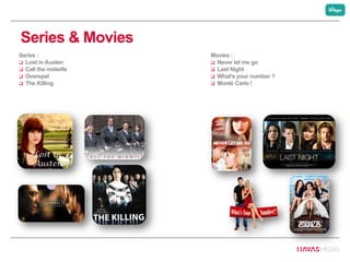 Series & Movies
Series :
 Lost in Austen
 Call the midwife
 Overspel
 The Killing
Movies :
 Never let me go
 Last Night
 What’s your number ?
 Monté Carlo !
 