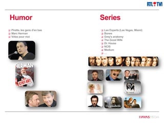 Humor Series
 Pirette, les gens d’en bas
 Marc Herman
 Votez pour moi
 Les Experts (Las Vegas, Miami)
 Bones
 Grey’s anatomy
 The Good Wife
 Dr. House
 NCIS
 Medium
 …
 