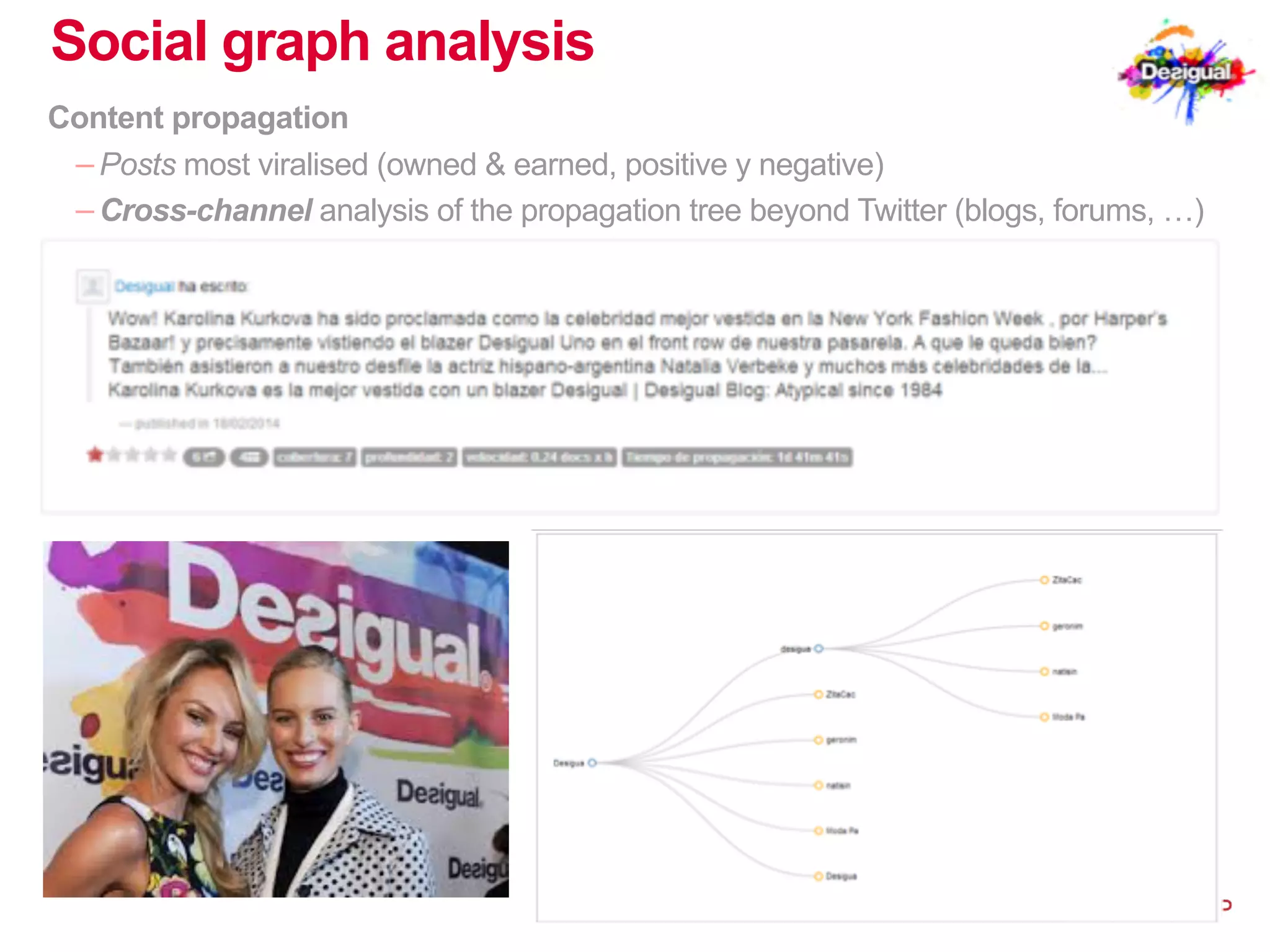 Social graph analysis 
Content propagation 
− Posts most viralised (owned & earned, positive y negative) 
− Cross-channel analysis of the propagation tree beyond Twitter (blogs, forums, …) 
 