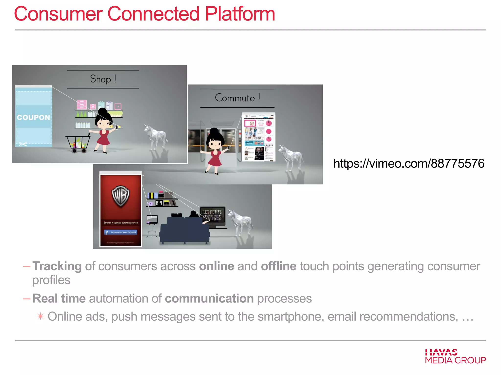 Consumer Connected Platform 
https://vimeo.com/88775576 
− Tracking of consumers across online and offline touch points generating consumer 
profiles 
− Real time automation of communication processes 
✴ Online ads, push messages sent to the smartphone, email recommendations, … 
 