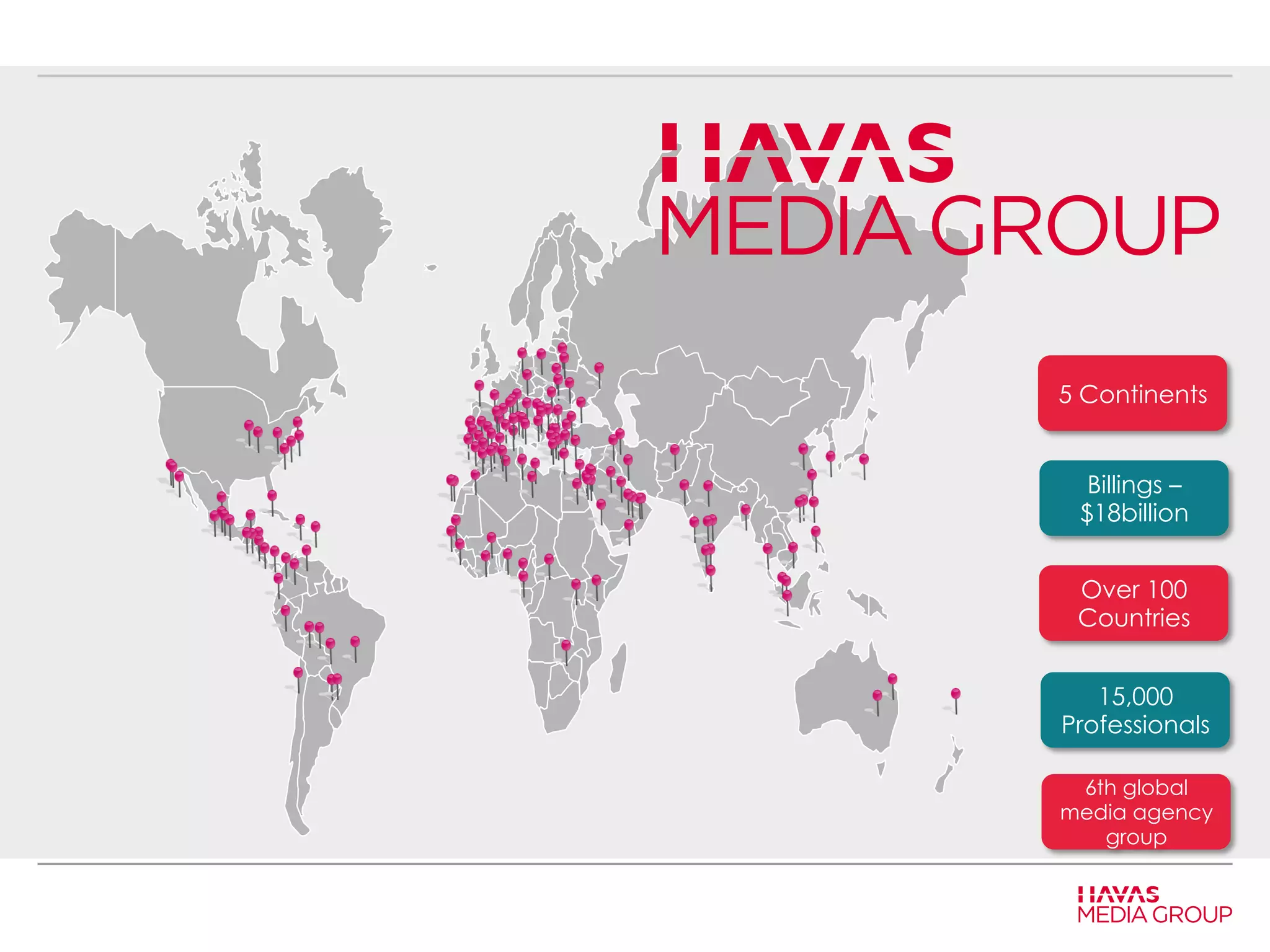 5 Continents 
Billings – 
$18billion 
Over 100 
Countries 
15,000 
Professionals 
6th global 
media agency 
group 
 