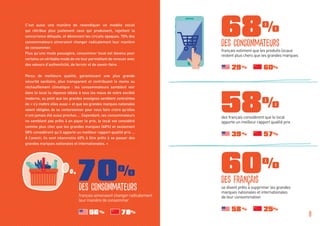 français estiment que les produits locaux
restent plus chers que les grandes marques
se disent prêts à supprimer les grandes
marques nationales et internationales
de leur consommation
des français considèrent que le local
apporte un meilleur rapport qualité prix
68%
60%
58%
des consommateurs
des français
français aimeraient changer radicalement
leur manière de consommer
70%
des consommateurs
C’est aussi une manière de revendiquer un modèle social
qui rétribue plus justement ceux qui produisent, rejettent la
concurrence déloyale, et dénoncent les circuits opaques. 70% des
consommateurs aimeraient changer radicalement leur manière
de consommer.
Plus qu’une mode passagère, consommer local est devenu pour
certains un véritable mode de vie leur permettant de renouer avec
des valeurs d’authenticité, de terroir et de savoir-faire.
Perçu de meilleure qualité, garantissant une plus grande
sécurité sanitaire, plus transparent et contribuant le moins au
réchauffement climatique : les consommateurs semblent voir
dans le local la réponse idéale à tous les maux de notre société
moderne, au point que les grandes enseignes semblent contraintes
de « s’y mettre elles aussi » et que les grandes marques nationales
soient obligées de se contorsionner pour nous faire croire qu’elles
n’ont jamais été aussi proches … Cependant, les consommateurs
ne semblent pas prêts à en payer le prix, le local est considéré
comme plus cher que les grandes marques (68%) et seulement
58% considèrent qu’il apporte un meilleur rapport qualité prix …
À l’avenir, ils sont néanmoins 60% à être prêts à se passer des
grandes marques nationales et internationales. »
58 % 25%
56 % 78%
39 % 57%
29 % 60%
8
 