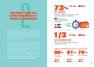 La rapidité d’accès au produit est devenue en quelques années une
composante déterminante de l’offre. 73% de consommateurs sont
d’ailleurs enclins à changer de marque pour un produit équivalent
disponible plus rapidement ou à payer plus cher (65%) pour un
produit disponible immédiatement.
Que ce soient des produits frais, électroniques ou de mode, la mise
à disposition rapide des achats fait la différence. Un consommateur
français sur trois déclare utiliser des offres de livraison rapide (de
moins de 24h), 96% à trouver cela pratique et 81% y ont recours
par habitude ou 78% pour se dépanner.
Une exigence qui impose des défis logistiques aux retailers. Les
magasins deviennent des centres de distribution et développent
leur stratégie BOPIS (Buy On-Line Pick Up In store) alors qu’en
même temps des armées de livreurs sillonnent nos villes…
2TOUJOURS PLUS VITE,
ENTRE IMPATIENCE ET
PRISE DE CONSCIENCE
80 %
86%
79 % 89%
36 % 68%
95 %
98%
93 %
95%
93 %
84%
73%
sont prêts à changer de marque pour un produit
équivalent disponible plus rapidement
65 % à payer plus cher
pour un produit disponible
immédiatement
1/3
français déclare utiliser des offres de livraison
rapide (de moins de 24h),
des consommateurs
96%
Parce que
c’est pratique
81%
Par habitude
78%
pour se dépanner
Pourquoi les consommateurs utilisent-ils la livraison rapide ?
des français
10
 