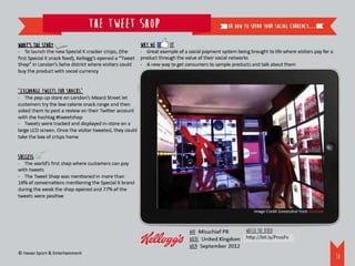 The Tweet Shop                                                   or how to spend your social currency…


What’s the story                                         Why we       it
- To launch the new Special K cracker crisps, (the       - Great example of a social payment system being brought to life where visitors pay for a
first Special K snack food), Kellogg’s opened a “Tweet   product through the value of their social networks
Shop” in London’s Soho district where visitors could     - A new way to get consumers to sample products and talk about them
buy the product with social currency


“Exchange tweets for snacks”
- The pop-up store on London’s Meard Street let
customers try the low calorie snack range and then
asked them to post a review on their Twitter account
with the hashtag #tweetshop
- Tweets were tracked and displayed in-store on a
large LCD screen. Once the visitor tweeted, they could
take the box of crisps home


Success
- The world’s first shop where customers can pay
with tweets
- The Tweet Shop was mentioned in more than
16% of conversations mentioning the Special K brand
during the week the shop opened and 77% of the
tweets were positive

                                                                                                             Image Credit Screenshot from Youtube



                                                                               WHO: Misschief PR     Watch the video:
                                                                               WHERE: United Kingdom http://bit.ly/PnssFv
                                                                               WHEN: September 2012
© Havas Sport & Entertainment
                                                                                                                                                     39
 