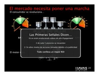 El mercado necesita poner una marcha
El consumidor se revoluciona…



                               Pero no nos movemos…




                  Las Primeras Señales Dicen…
      RPM        Ya se están produciendo vídeos de alto Engagement    MPH

                         2 de cada 5 anuncios se recuerdan

            2-3x altos niveles de acciones tomadas debido a la publicidad

El motor ruge…            Todo conlleva un mayor ROI




                                                                            28
 