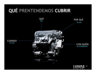 QUÉ PRENTENDEMOS CUBRIR
           QUÉ                POR QUÉ
           ven
                                lo ven




CUÁNDO
 lo ven
                               CON QUIÉN
                                lo comparten




                          4               4
 