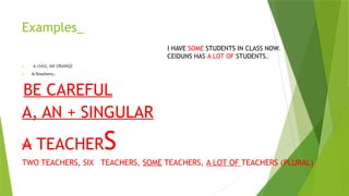 Examples_
1. A child, AN ORANGE
2. A Teachers,
BE CAREFUL
A, AN + SINGULAR
A TEACHERS
TWO TEACHERS, SIX TEACHERS, SOME TEACHERS, A LOT OF TEACHERS (PLURAL)
I HAVE SOME STUDENTS IN CLASS NOW.
CEIDUNS HAS A LOT OF STUDENTS.
 