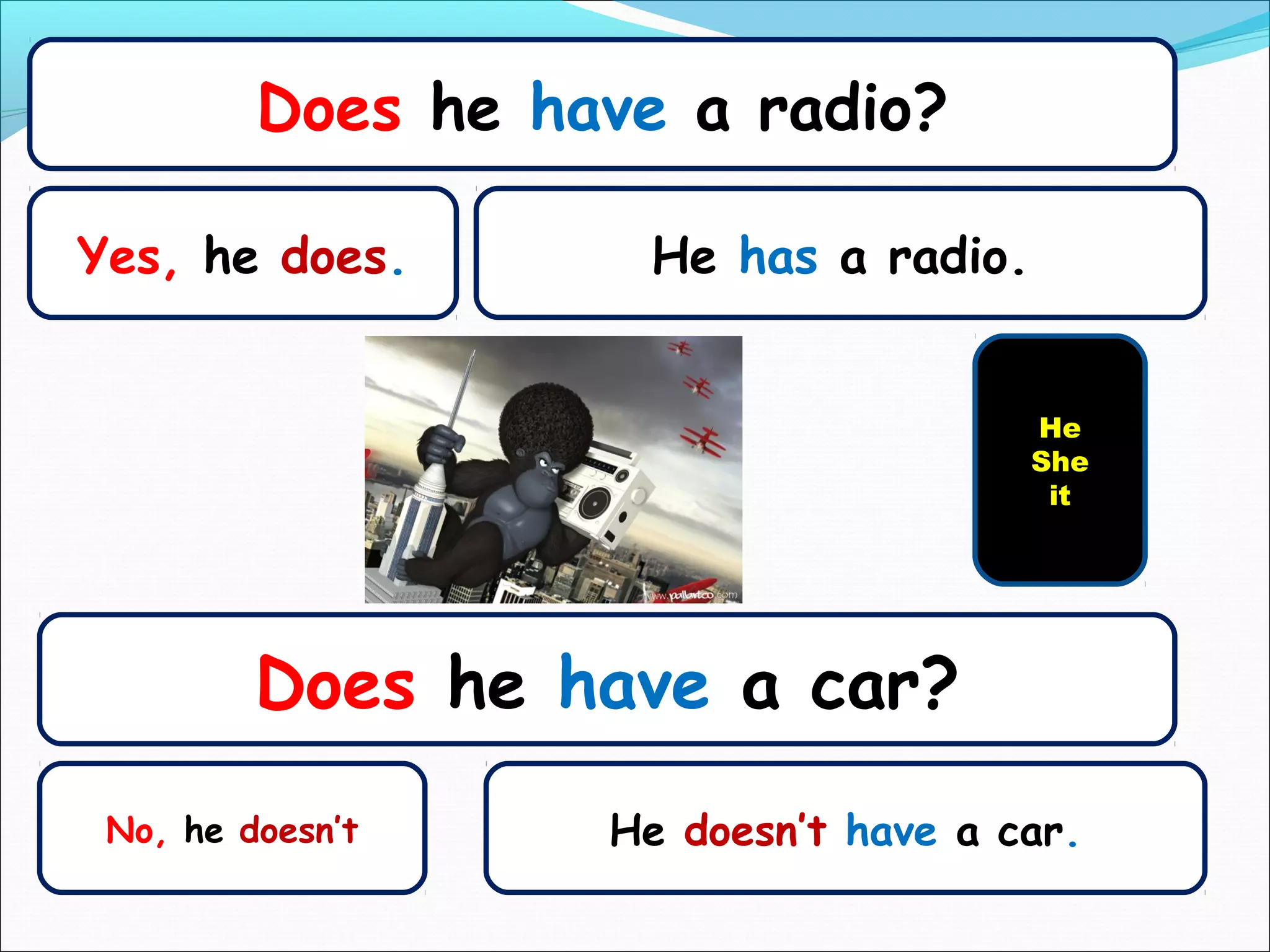 Does he have a radio?

Yes, he does.       He has a radio.


                                      He
                                      She
                                       it




         Does he have a car?
 No, he doesn’t    He doesn’t have a car.
 