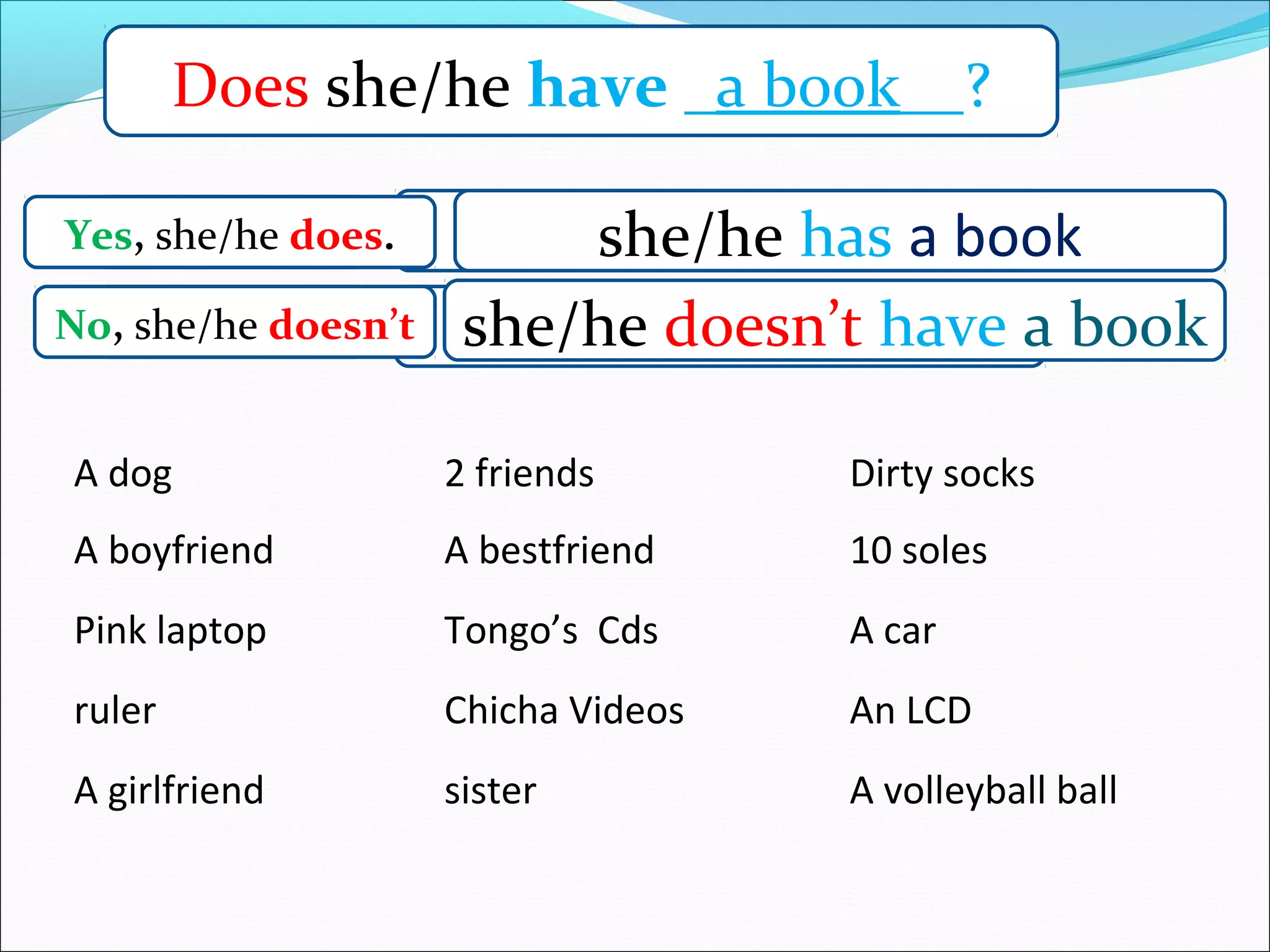 Does she/he have _a book__?
          Do you have _a book__?

Yes,Yes, I do.
     she/he does.      I have a book a book
                         she/he has
No,No, I don’t.
   she/he doesn’t   I don’t have a book a book
                    she/he doesn’t have

A dog               2 friends       Dirty socks
A boyfriend         A bestfriend    10 soles
Pink laptop         Tongo’s Cds     A car
ruler               Chicha Videos   An LCD
A girlfriend        sister          A volleyball ball
 