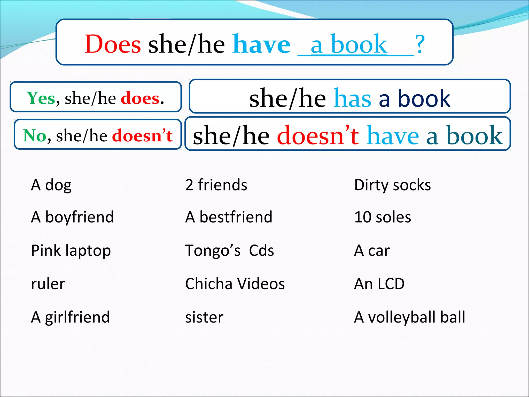 Does she/he have _a book__?
Yes, she/he does.         she/he has a book
No, she/he doesn’t    she/he doesn’t have a book
A dog                2 friends       Dirty socks
A boyfriend          A bestfriend    10 soles
Pink laptop          Tongo’s Cds     A car
ruler                Chicha Videos   An LCD
A girlfriend         sister          A volleyball ball
 