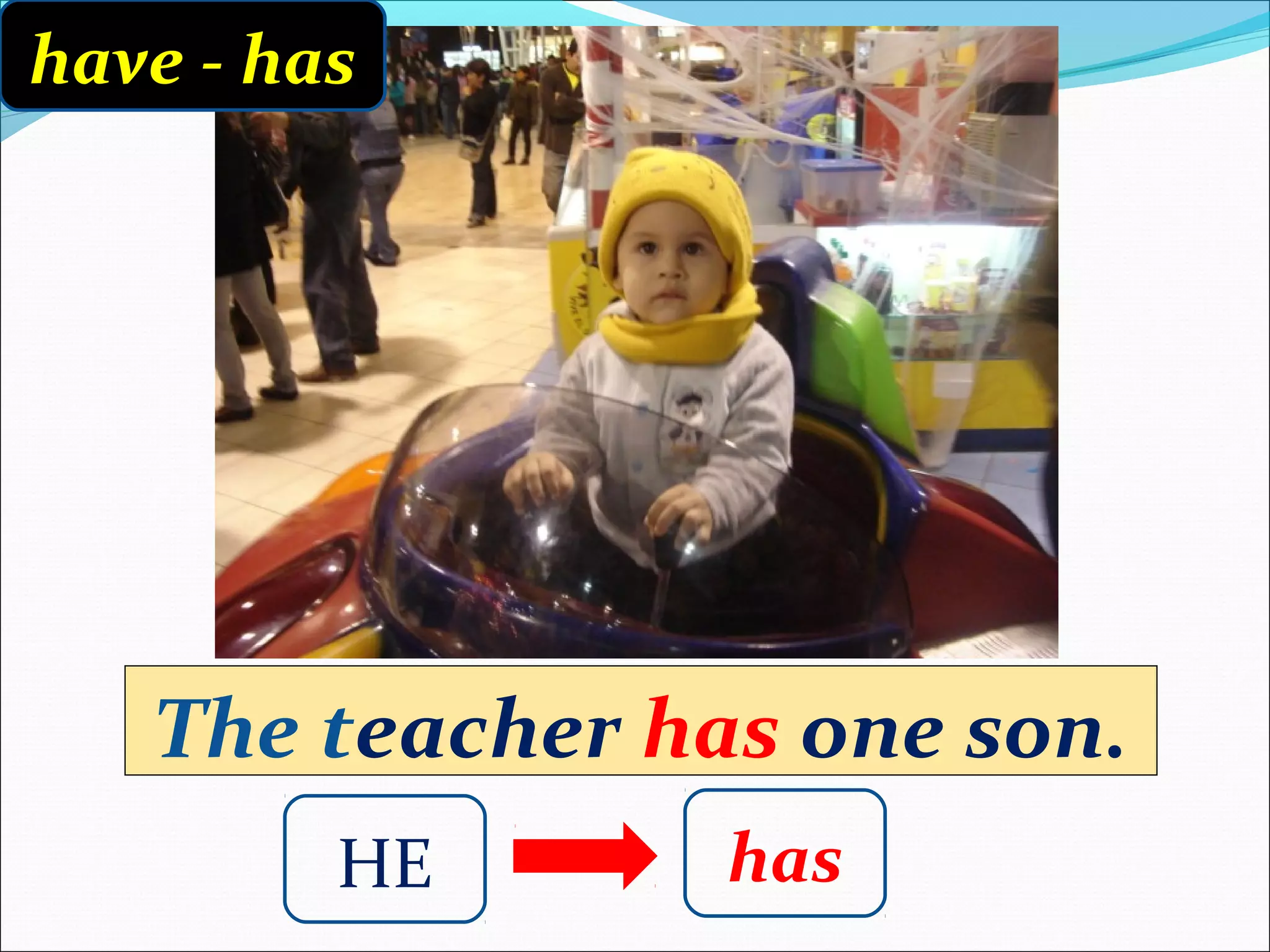 have - has




   The teacher has one son.
         HE      has
 