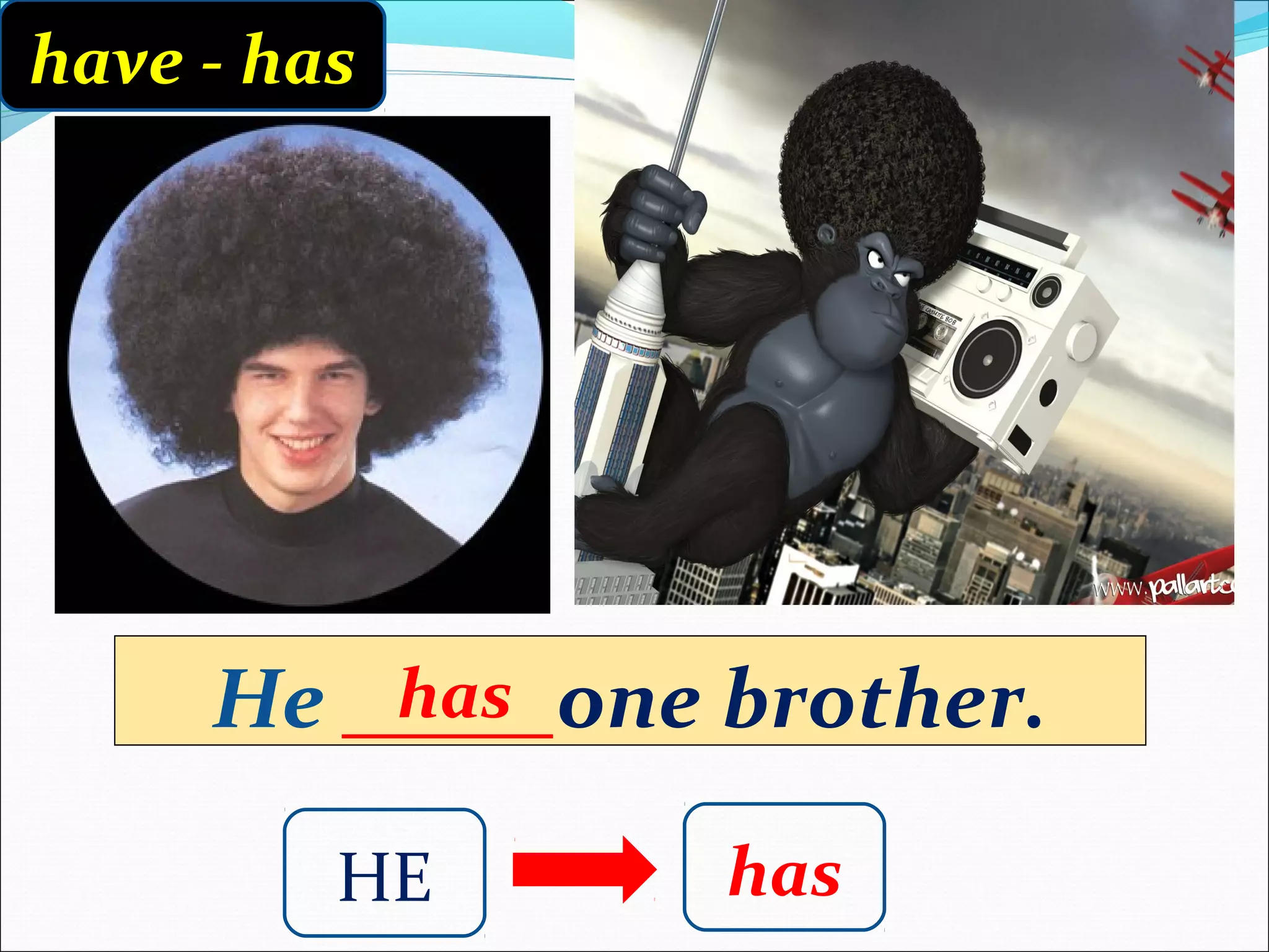 have - has




     He _____one brother.
         has

         HE      has
 