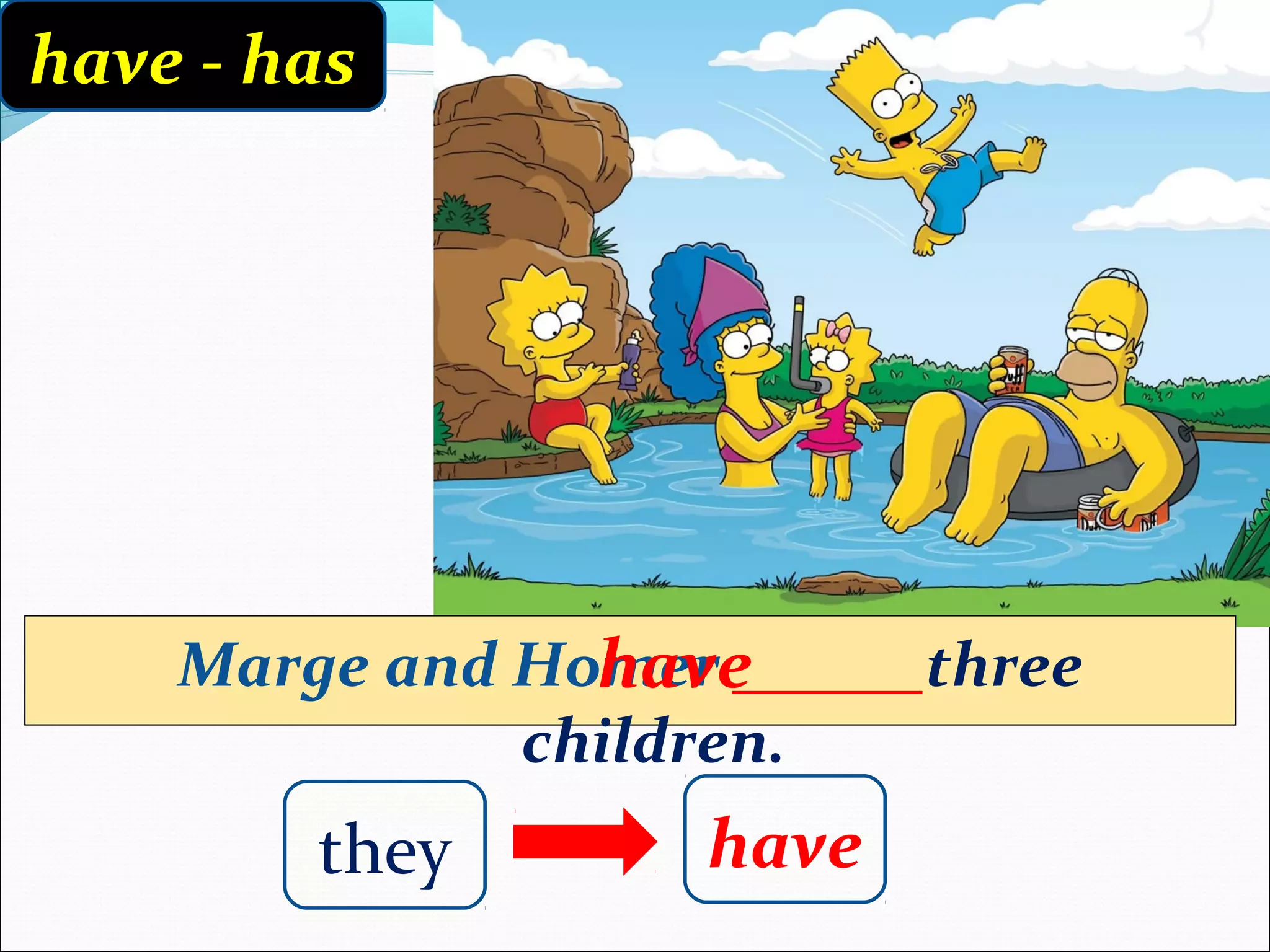 have - has




                have
    Marge and Homer ______three
              children.
        they       have
 