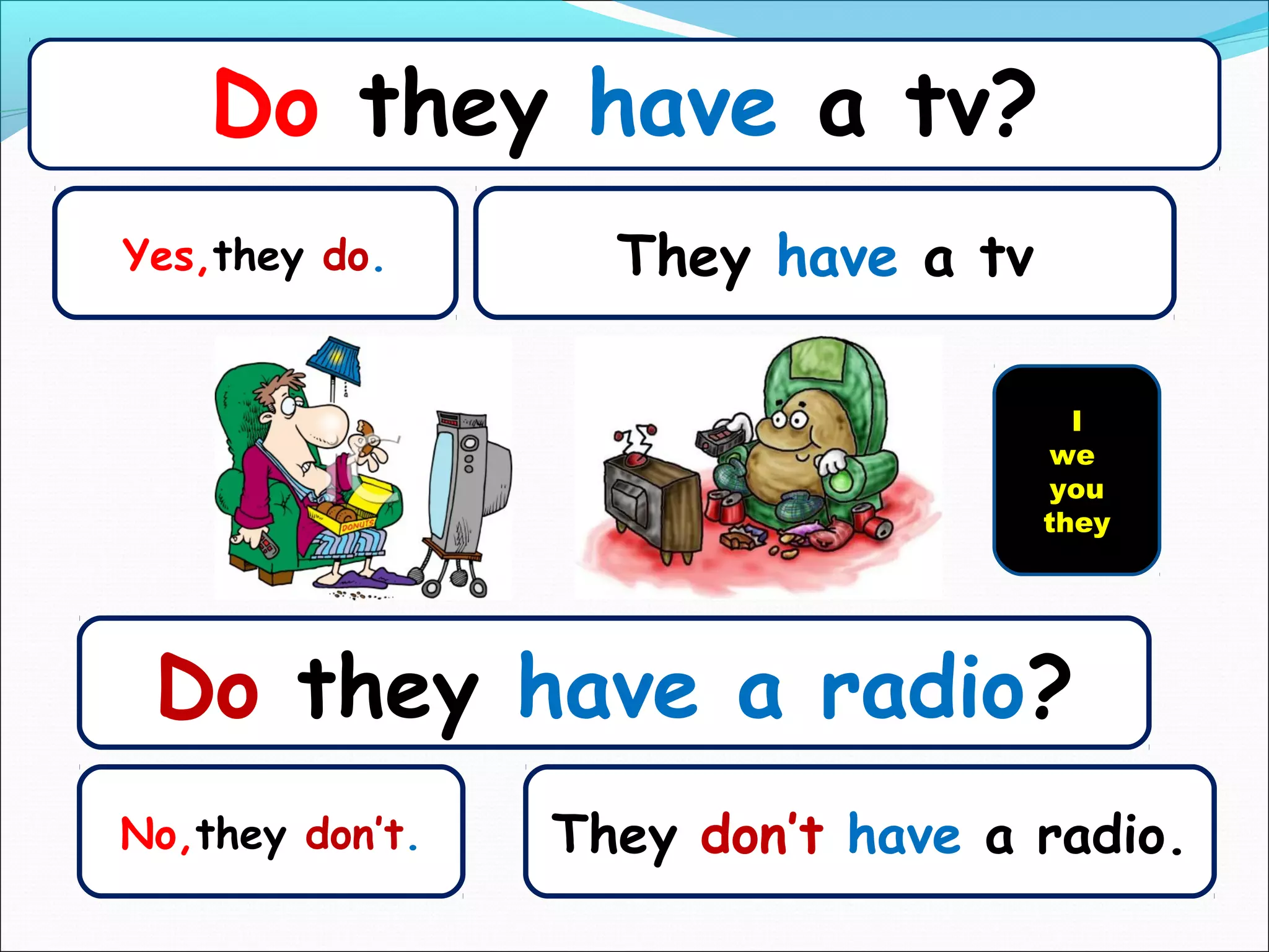 Do they have a tv?
Yes,they do.       They have a tv

                                      I
                                    we
                                    you
                                    they




 Do they have a radio?
No,they don’t.   They don’t have a radio.
 