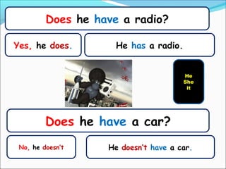Does he have a radio?

Yes, he does.       He has a radio.


                                      He
                                      She
                                       it




         Does he have a car?
 No, he doesn’t    He doesn’t have a car.
 