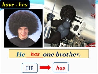 have - has




     He _____one brother.
         has

         HE      has
 