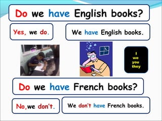 Do we have English books?
Yes, we do.     We have English books.


                                       I
                                      we
                                     you
                                     they




 Do we have French books?

No,we don’t.   We don’t have French books.
 