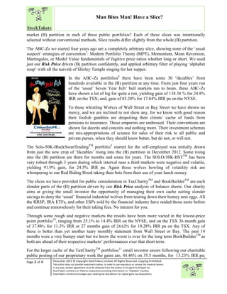 “
Page 2 of 4 December 2015 © Copyright StockTakers Limited, All Rights Reserved. Copying Prohibited.
The author does not provide investment advice. In order to use reproduce or convey the material herein,
in any way, written agreement must be obtained from the author or its agent Architypes Inc.
StockTakers Limited is an Alberta corporation providing information on “likeables” equities.
StockTakers Limited encourages your seeking tax law advisor for capital gains tax dispositions.
Man Bites Man! Have a Slice?
market (B) partition in each of these public portfolios? Each of these slices was intentionally
selected without conventional methods. Slice results differ slightly from the whole (B) partition.
The ABC-Zs we started four years ago are a completely arbitrary slice, showing none of the ‘usual
suspect’ strategies of convention7
: Modern Portfolio Theory (MPT), Momentum, Mean Reversion,
Martingales, or Model Value fundamentals of fugitive price ratios whether long or short. We used
just our Risk Price driven (B) partition confidently, and applied arbitrary filter of playing ‘alphabet
soup’ with all the naiveté of Shirley Temple singing for her supper.
In the ABC-Zs portfolios8
there have been some 30 ‘likeables’ from
hundreds available in the (B) partition at any time. From just four years run
of the ‘usual’ Seven Year Itch’ bull markets run to bears, these ABC-Zs
have shown a lot of leg for quite a run, yielding gain of 138.38 % for 24.8%
IRR on the TSX; and, gain of 85.20% for 17.04% IRR pa on the NYSE.
To those whistling Wolves of Wall Street or Bay Street we have shown no
mercy, and we are inclined to not show any, for we know with good reason
their foolish gambles are despoiling their clients’ cache of funds from
pensions to insurance. Those emperors are undressed. Their conventions are
shown for deceits and conceits and nothing more. Their investment schemes
are mis-appropriations of science for sales of their risk to all public and
private purses, when they should know better, but do not, or will not.
The Solo-50K-BlackSwanTradingTM
portfolio9
started for the self-employed was initially drawn
from just the new crop of ‘likeables’ rising into the (B) partition in December 2012. Some rising
into the (B) partition are there for months and some for years. The SOLO-50K-BSTTM
has been
very robust through 3 years during which interval near a third markets were negative and volatile,
yielding 91.9% gain, for 24.5% IRR pa. Again those wolves howling of volatility risk are
whimpering to our Red Riding Hood taking their bets from their use of your lunch money.
The slices we have provided for public consideration in TaxCharityTM
and BookBuilderTM
are each
slender parts of the (B) partition driven by our Risk Price analysis of balance sheets. Our charity
aims at giving the small investor the opportunity of managing their own cache suiting slender
savings to deny the ‘usual’ financial industrial wolves from tearing down their homey nest eggs. All
the RRSP, IRA ETFs, and other ESPs sold by the financial industry have raided those nests before
and continue remorselessly for their taking fees. No interest for you.
Through some rough and negative markets the results have been more varied in the lowest-price
point portfolio10
, ranging from 25.1% to 14.4% IRR on the NYSE, and on the TSX 36 month gain
of 37.88% for 11.3% IRR or 27 months gain of 24.62% for 10.28% IRR pa on the TSX. Any of
these is better than yet another teary monthly statement from Wall Street or Bay. The past 14
months were a very bumpy start but we know the worst is over for the long term BookBuilderTM
as
both are ahead of their respective markets’ performances over that short term.
For the larger cache of the TaxCharityTM
portfolios11
small investor savers following our charitable
public posting of our proprietary work the gains are, 44.46% on 35.5 months, for 13.23% IRR pa;
 