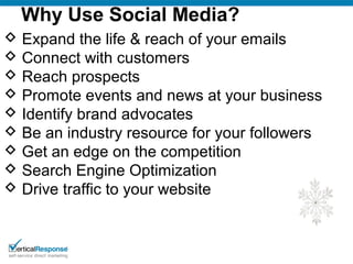 Why Use Social Media?
 Expand the life & reach of your emails
 Connect with customers
 Reach prospects
 Promote events...