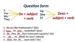 Question form
I
You
We
They
He
She
It
Do + subject
+ verb
Does +
subject + verb
1. Do you like Mathematics? (like)
2. _____ he ______ basketball? (play)
3. ____they ____ their homework regularly? (do)
4. ______ he ______ his class? (attend)
5. _____ she _____ sport daily? (do)
Does play
do
Does
Do do
attend
Do
 
