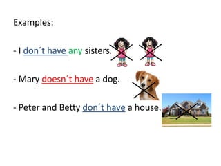 Examples:
- I don´t have any sisters.
- Mary doesn´t have a dog.
- Peter and Betty don´t have a house.
 