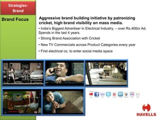 Strategies-
    Brand
Brand Focus     Aggressive brand building initiative by patronizing
                cricket, high brand visibility on mass media.
                • India’s Biggest Advertiser in Electrical Industry. – over Rs.400cr Ad.
                Spends in the last 4 years.
                • Strong Brand Association with Cricket
                • New TV Commercials across Product Categories every year
                • First electrical co. to enter social media space
 