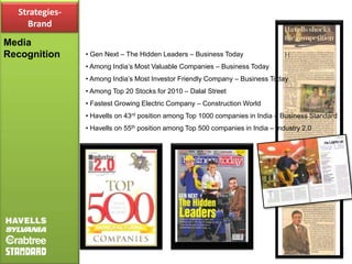 Strategies-
    Brand
Media
Recognition     • Gen Next – The Hidden Leaders – Business Today
                • Among India’s Most Valuable Companies – Business Today
                • Among India’s Most Investor Friendly Company – Business Today
                • Among Top 20 Stocks for 2010 – Dalal Street
                • Fastest Growing Electric Company – Construction World
                • Havells on 43rd position among Top 1000 companies in India – Business Standard
                • Havells on 55th position among Top 500 companies in India – Industry 2.0
 