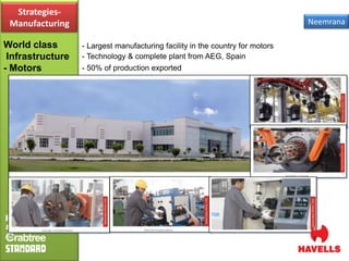 Strategies-
 Manufacturing                                                                 Neemrana

World class       - Largest manufacturing facility in the country for motors
 Infrastructure   - Technology & complete plant from AEG, Spain
- Motors          - 50% of production exported
 