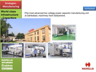 Strategies-
 Manufacturing
                                                                             Sahibabad
World class
                 •The most advanced low voltage power capacitor manufacturing unit
Infrastructure    at Sahibabad, machinery from Switzerland.
- Capacitors
 