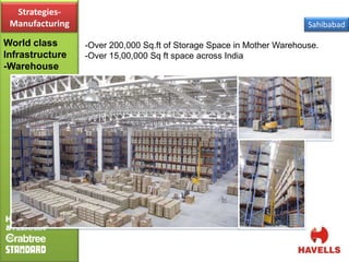 Strategies-
 Manufacturing                                                         Sahibabad

World class      -Over 200,000 Sq.ft of Storage Space in Mother Warehouse.
Infrastructure   -Over 15,00,000 Sq ft space across India
-Warehouse
 