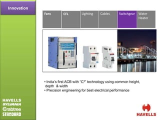 Innovation
             Fans        CFL        Lighting    Cables      Switchgear Water
                                                                       Heater




             • India’s first ACB with “C3” technology using common height,
              depth & width
             • Precision engineering for best electrical performance
 