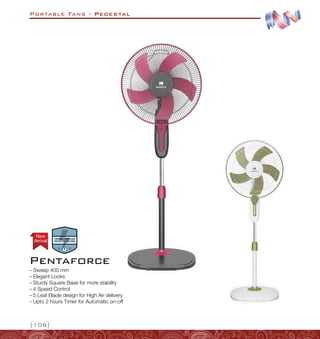 Portable Fans - Pedestal
{106}
–
– Sweep 400 mm
–
– Elegant Looks
–
– Sturdy Square Base for more stability
–
– 4 Speed Control
–
– 5 Leaf Blade design for High Air delivery
–
– Upto 2 hours Timer for Automatic on-off
Pentaforce
Arrival
New
 