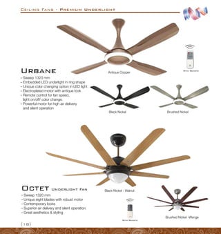 Ceiling Fans - Premium Underlight
{18}
–
– Sweep 1320 mm
–
– Embedded LED underlight in ring shape
–
– Unique color changing option in LED light
–
– Electroplated motor with antique look
–
– Remote control for fan speed,
light on/off/ color change.
–
– Powerful motor for high air delivery
and silent operation
Black Nickel Brushed Nickel
Antique Copper
Urbane With Remote
Black Nickel - Walnut
Brushed Nickel -Wenge
–
– Sweep 1320 mm
–
– Unique eight blades with robust motor
–
– Contemporary looks
–
– Superior air delivery and silent operation
–
– Great aesthetics  styling
Octet Underlight Fan
With Remote
 